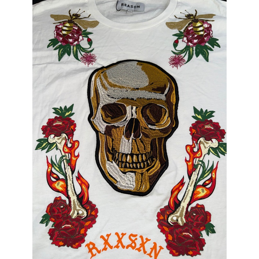 Reason Clothing Mens XXL White Embroidered Skull Rose Bee Graphic‎ T-Shirt NWT